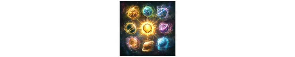 Illustration des planètes en astrologie : Soleil, Lune, Mercure, Vénus, Mars, Jupiter, Saturne, Uranus, Neptune et Pluton.