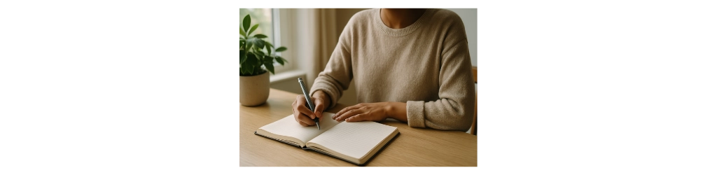 Personne pratiquant l’écriture intérieure dans un carnet, assise à une table près d’une fenêtre, ambiance calme et lumineuse