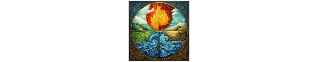 Illustration des quatre éléments en astrologie – Feu, Terre, Air et Eau – représentant les forces fondamentales de la nature. Chacun incarne une dimension essentielle de l’être : la passion et l’action (Feu), la stabilité et la matérialité (Terre), la pensée et la communication (Air), l’émotion et l’intuition (Eau). Une représentation symbolique et épurée pour explorer l'équilibre des énergies dans le thème astral.