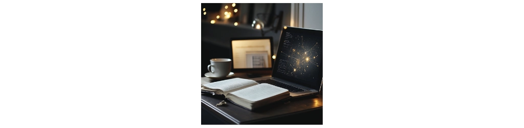 Illustration représentant une formation en bien-être et spiritualité : un livre ouvert et un ordinateur portable symbolisant l’apprentissage, l’exploration intérieure et les ressources pratiques.