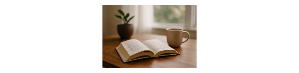 Livre ouvert posé sur une table en bois, lumière douce du matin, illustrant la page Histoires & Paraboles du site Aime Être