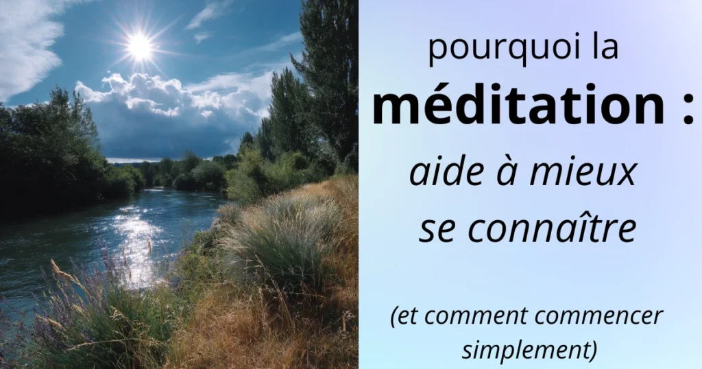 Illustration méditation au bord d’une rivière, lumière apaisante et ciel bleu
