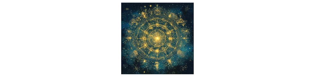 Illustration d'une roue astrologique dorée sur fond de ciel étoilé, représentant les 12 signes du zodiaque