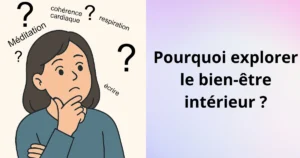 Illustration d’une femme curieuse entourée de mots comme méditation, respiration, écriture — évoquant les premières questions sur le bien-être intérieur.