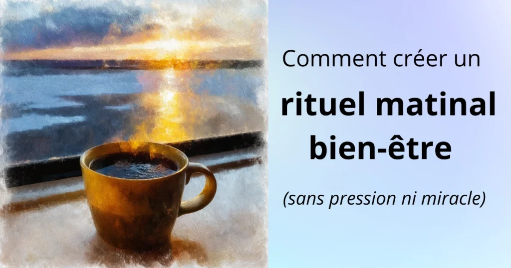 Tasse de café posée près d’une fenêtre avec vue sur un lever de soleil, symbolisant un rituel matinal bien-être