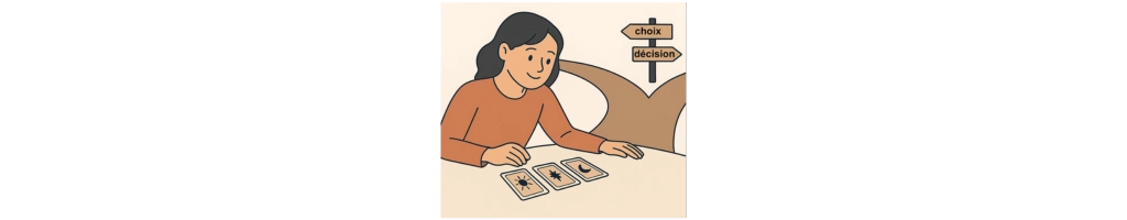 Illustration d’une femme tirant des cartes devant une bifurcation, avec des panneaux "choix" et "décision", symbolisant les arts divinatoires.