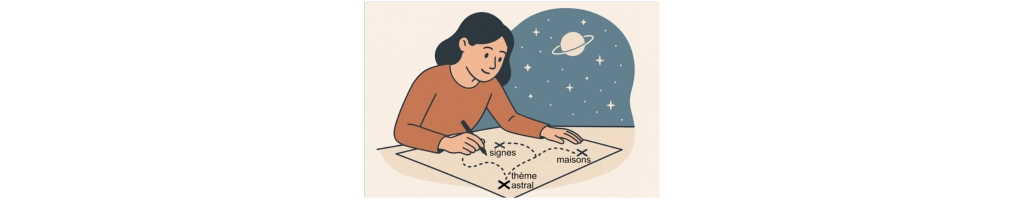 Femme dessinée étudiant une carte avec les mots signes, maisons et thème astral, comme une exploration guidée de l’astrologie.
