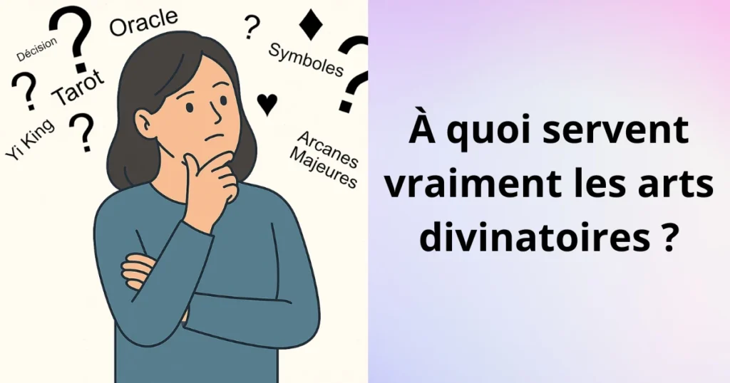 Illustration d’une femme pensive avec des mots comme Tarot, Oracle, Yi King, Pendule et Symboles, représentant les arts divinatoires.