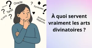Illustration d’une femme pensive avec des mots comme Tarot, Oracle, Yi King, Pendule et Symboles, représentant les arts divinatoires.