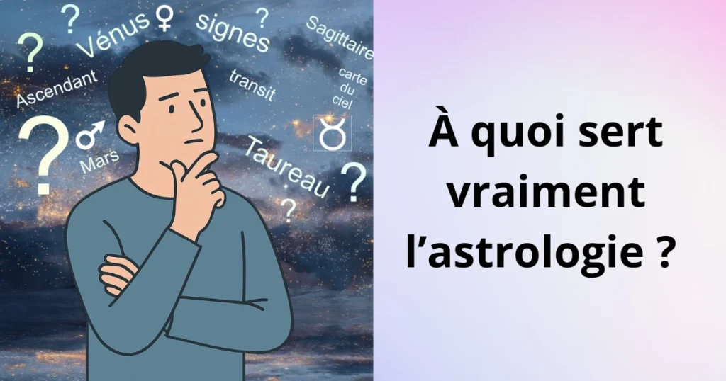 Homme pensif entouré de mots clés liés à l’astrologie comme Mars, Vénus, signes, ascendant et transit.