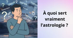 Homme pensif entouré de mots clés liés à l’astrologie comme Mars, Vénus, signes, ascendant et transit.