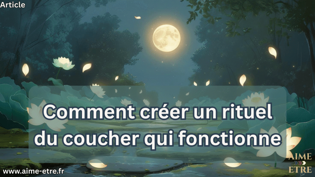 Chemin nocturne apaisant avec des lotus lumineux et une pleine lune, illustrant un rituel du coucher simple et serein.
