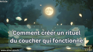 Chemin nocturne apaisant avec des lotus lumineux et une pleine lune, illustrant un rituel du coucher simple et serein.
